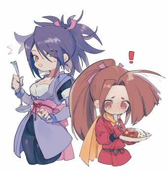 Rule 34 | !, 2girls, @ @, ^^^, absurdres, black bodysuit, black hair, blush, bodysuit, brown eyes, brown hair, cropped legs, curry, curry rice, eating, elbow gloves, fingerless gloves, food, fujibayashi sheena, fujibayashi suzu, full-face blush, gloves, hair ribbon, highres, holding, holding ladle, holding plate, holding spoon, japanese clothes, ladle, long hair, looking at viewer, multiple girls, nancykittyu, obi, open mouth, pink hair, pink ribbon, pink sash, plate, ponytail, purple gloves, ribbon, rice, sash, scarf, simple background, spoon, sweat, sweatdrop, tales of (series), tales of phantasia, tales of symphonia, white background, yellow scarf