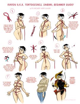 1girl absurdres aran_sweater arrow_(projectile) ass bdsm belt black_eyes black_hair black_leotard blue_pants blush bondage bound bow_(weapon) breasts cable_knit casual censored censored_nipples commentary completely_nude cropped_jacket crotch_rope dark_nipples denim english_commentary english_text female_pervert guide hair_over_one_eye highleg highleg_leotard highres how_to jeans leotard loose_belt medium_breasts mosaic_censoring multicolored_hair multiple_views nipples nude original paid_reward_available pants perky_breasts pervert quiver quiver_(spicymancer) red_rope rope safety_glasses shibari shibari_under_clothes short_hair spicymancer stealth_bondage sweater thigh_gap turtleneck turtleneck_sweater two-tone_hair weapon weapon_on_back white_hair