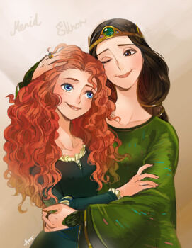 Rule 34 | 2girls, ano (sbee), blue eyes, brave (pixar), brown eyes, brown hair, commentary request, curly hair, elinor (brave), hug, merida (brave), mother and daughter, multiple girls, one eye closed, red hair