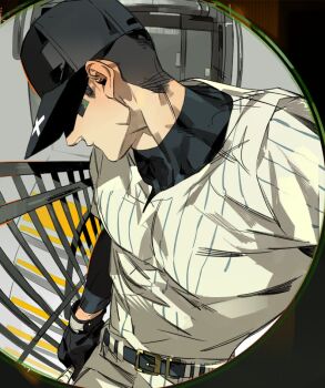 1boy baseball_cap baseball_uniform belt belt_buckle black_belt black_gloves black_hair black_hat black_shirt buckle chinese_commentary closed_mouth commentary_request cowboy_shot genichiro_cute gloves hat layered_sleeves long_sleeves male_focus off_(game) pants pinstripe_pattern pinstripe_shirt pov_peephole railing shirt shirt_tucked_in short_hair short_over_long_sleeves short_sleeves solo sportswear stairs the_batter_(off) white_pants white_shirt
