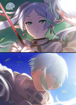 1boy 1girl ? aki_(neyuki41028) blue_hair blue_sky blurry bokeh capelet cloak covered_mouth day depth_of_field earrings elf eyelashes falling_leaves floating_hair frieren grass green_eyes grey_hair hair_between_eyes highres himmel_(sousou_no_frieren) holding holding_staff hood hood_down hooded_cloak jewelry leaf long_hair looking_at_another looking_at_viewer looking_down looking_up mole mole_under_eye parted_bangs pointy_ears short_hair sky sousou_no_frieren split_screen spoken_question_mark staff surprised twintails white_capelet white_cloak