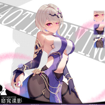 1girl absurdres bare_shoulders black_pantyhose breasts bridal_gauntlets brown_hair chinese_commentary commentary_request dress gloves highres honkai_(series) honkai_impact_3rd large_breasts looking_at_viewer mole mole_under_eye pantyhose pelvic_curtain purple_dress purple_eyes purple_gloves rita_rossweisse rita_rossweisse_(elegant_spy) short_hair smile solo zhong_meng_hui_shi