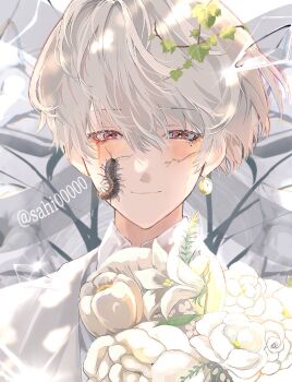 1boy animal animal_on_face bouquet bug centipede clock_earrings closed_mouth commentary_request earrings flower grey_background hair_between_eyes half-closed_eyes highres jacket jewelry leaf leaf_on_head looking_at_viewer male_focus original portrait red_eyes sahi00000 short_hair single_earring smile solo straight-on white_flower white_hair white_jacket