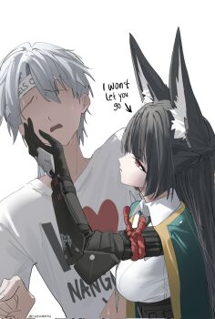 1boy 1girl animal_ears black_gloves black_hair breasts cryne english_text fox_ears fox_girl gloves green_jacket grey_hair highres hoshimi_miyabi jacket large_breasts nervous_sweating open_clothes open_jacket open_mouth red_eyes shirt short_hair sweat twitter_username white_shirt wise_(zenless_zone_zero) zenless_zone_zero