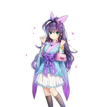 1girl antenna_hair aqua_eyes aqua_kimono bag bow bow_sash breasts brown_socks cloud_print commentary_request frilled_skirt frills gradient_clothes gradient_hair gradient_kimono hair_between_eyes hair_bow holding holding_bag japanese_clothes kimono kneehighs large_breasts long_hair multicolored_hair multicolored_kimono pink_bag pink_bow pink_hair print_kimono purple_hair purple_kimono purple_sash ruka_fuuun sash skirt socks sukja uchi_no_hime-sama_ga_ichiban_kawaii white_skirt