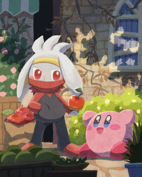 apple blush bush flower food fruit garden gen_8_pokemon happy headband highres kirby kirby's_dream_land kirby_(series) long_sleeves looking_at_another miclot nintendo no_humans open_mouth outdoors pants plant pokemon potted_plant raboot red_eyes scarf sparkle sparkling_eyes tongue vines window