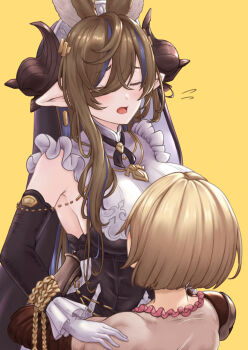 Rule 34 | 2girls, blonde hair, blush, bob cut, breasts, brown hair, closed eyes, commentary, djeeta (granblue fantasy), earrings, extra ears, face to breasts, fighter (granblue fantasy), galleon (granblue fantasy), granblue fantasy, hair between eyes, highres, horns, hug, jewelry, large breasts, long hair, medium hair, multiple girls, necklace, open mouth, teriton, yuri
