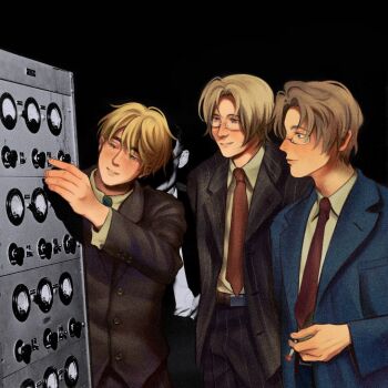 3boys america_(hetalia) axis_powers_hetalia belt between_fingers black_background black_jacket black_pants blue_eyes blue_jacket brothers brown_belt brown_hair canada_(hetalia) cigarette closed_mouth collared_shirt commentary english_commentary fingernails formal_clothes glasses green_eyes green_necktie grey-framed_eyewear grey_vest half-closed_eyes hand_up holding holding_cigarette jacket lapels lips long_sleeves looking_at_object male_focus multiple_boys necktie open_clothes open_jacket pants phosphic purple_eyes red_necktie semi-rimless_eyewear shirt short_hair siblings simple_background smile striped_clothes striped_jacket striped_pants suit suit_jacket united_kingdom_(hetalia) vest white_shirt