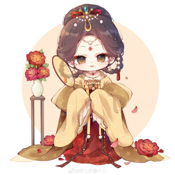 Rule 34 | 1girl, absurdres, beads, border, bow, braid, braided hair rings, brown eyes, brown hair, chibi, chinese clothes, chinese commentary, circlet, closed mouth, commentary request, dot nose, eyelashes, eyeliner, facial mark, falling petals, floral print, flower, flower facial mark, flower symbol, forehead mark, frilled sleeves, frills, full body, hair beads, hair bun, hair ornament, hair ribbon, hair rings, hand fan, hanfu, happy, highres, holding, holding fan, light blush, light smile, lipstick, long sleeves, looking at viewer, makeup, miracle nikki, nikki (series), nuli de chengzhi er, orange background, outside border, peony (flower), petals, pink lips, red eyeliner, red flower, red hanfu, red ribbon, ribbon, robe, round border, short hair, single hair bun, sleeves past fingers, sleeves past wrists, solo, stately grace (miracle nikki), tassel, tassel hair ornament, tsurime, tuanshan, updo, vase, watermark, weibo watermark, white border, wide sleeves, yellow bow, yellow robe