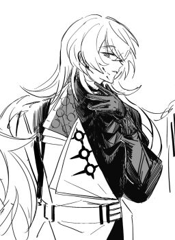 1boy attsei blood blood_on_face commentary_request gloves greyscale horizontal_pupils hoshirube_sho hoshirube_sho_(1st_costume) jacket long_hair long_sleeves looking_at_viewer male_focus monochrome nijisanji parted_lips single_off_shoulder sketch solo virtual_youtuber