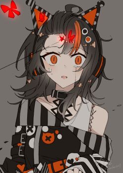 1girl absurdres animal_ear_headphones animal_ears black_hair black_sweater bug bullet_hole butterfly cat_ear_headphones cat_ears chinese_commentary commentary_request constricted_pupils crying crying_with_eyes_open fake_animal_ears glowing grey_background headphones headshot highres injury insect looking_at_viewer mahou_shoujo_no_majo_saiban multicolored_hair open_mouth orange_eyes red_butterfly sanlao1207 sawatari_coco slit_pupils solo spoilers surprised sweater tears upper_body wide-eyed