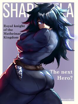 1girl 2024 absurdres arms_under_breasts artist_name backlighting belt blue_eyes blue_hair blue_pants blue_shirt border breasts character_name commentary contrapposto cowboy_shot crossed_arms english_commentary english_text eyebrows_hidden_by_hair female_focus hair_over_one_eye highres knife_sheath large_breasts long_hair long_sleeves looking_back matching_hair/eyes mihael_milanovic muscular muscular_female outside_border pants pantylines purple_background ramia-yana sharmeela_(ramia-yana) sheath shirt solo toned toned_female wavy_hair