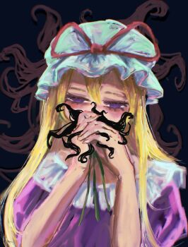 Rule 34 | 1girl, absurdres, black background, blonde hair, blush, commentary request, covering own mouth, double-parted bangs, dress, eyelashes, frilled dress, frills, hair between eyes, hair half over shoulder, hair over shoulder, half-closed eyes, hat, hat ribbon, highres, horror (theme), impressionism, jitome, long hair, looking down, mob cap, omaega chan, own hands together, puffy short sleeves, puffy sleeves, purple dress, purple eyes, red ribbon, ribbon, short sleeves, solo, straight-on, touhou, upper body, vomiting, yakumo yukari