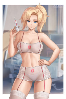 1girl absurdres artist_logo blizzard_(company) blonde_hair blue_eyes bra breasts cleft_of_venus collarbone deviantart_username flowerxl groin hand_on_own_hip highres holding holding_syringe hospital indoors jewelry large_breasts legs legwear_garter logo long_hair looking_at_viewer medical mercy mercy_(overwatch) navel necklace overwatch panties portrait_format revealing_clothes see-through_clothes see-through_skirt shorts skirt solo standing swiss syringe thick_thighs thighhighs thighs toned toned_female underwear white_bra white_shorts white_skirt white_thighhighs