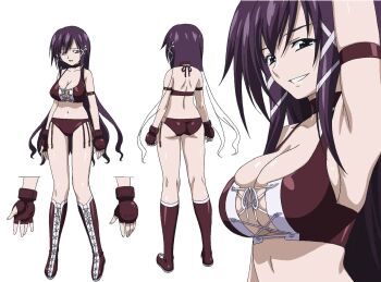 1girl arm_up armpits ass boots breasts brown_eyes cleavage commentary_request fingerless_gloves gloves grin hair_ribbon highres large_breasts long_hair multiple_views navel purple_hair red_boots red_gloves reference_sheet ribbon satsukitane_mikako simple_background smile solo sora_no_otoshimono stomach watanabe_yoshihiro white_background white_ribbon wrestling_outfit