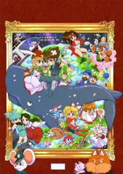 armor beard black_hair blonde_hair blush boots bow braid breastplate broom brown_hair card character_request cherry_blossoms commentary_request copyright_request facial_hair fantasy_zone food green_eyes green_hair hair_bow hat helmet highres holding holding_sword holding_weapon japanese_clothes kirby kirby_(series) miko monocle multiple_boys multiple_girls mustache namco_x_capcom nintendo opa-opa orange_hair playing_card police_hat project_x_zone_2 rainy_hanyu_bridge red_bow red_hair school_uniform skirt space_invaders strider_(video_game) strider_hiryuu sword tree valkyrie_(vnd) valkyrie_no_densetsu weapon whale winged_helmet