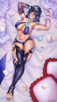 armpit_crease armpit_peek armpits arms_behind_back arms_up bed bed_sheet belly bikini black_hair blue_eyes blue_hair female_focus genshin_impact highres injector looking_at_viewer lying nail_polish navel on_back purple_toenails smell sweat sweat swimsuit toes yelan_(genshin_impact)