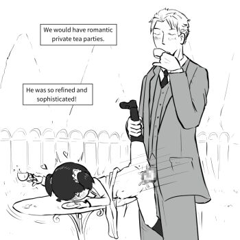 1boy 1girl age_difference becky_blackbell blush closed_eyes clothed_sex clothes_lift cum cum_in_pussy cup dress drinking fence formal_clothes husband_and_wife jacket jewelry leg_grab legs_apart loli lying medium_hair monochrome necklace necktie on_side pants plate powerofsin ring sex short_hair size_difference spy_x_family standing stomach_bulge suit_jacket table teacup twilight_(spy_x_family) twintails vaginal wedding_ring