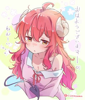 1girl absurdres ahoge artist_name blush bra bra_peek breasts collarbone commentary_request cropped_torso curled_horns demon_girl demon_horns demon_tail highres horns icorasama long_hair long_sleeves machikado_mazoku medium_breasts open_mouth orange_eyes pajamas pink_pajamas red_hair simple_background single_off_shoulder sleepy solo squeans tail underwear upper_body waking_up yoshida_yuuko