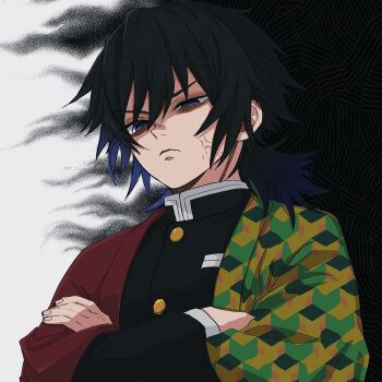 1boy angry black_hair black_jacket blue_eyes buttons crossed_arms demon_slayer_uniform gold_buttons half-closed_eyes haori high_collar highres jacket japanese_clothes katana kikkoumon kimetsu_no_yaiba low_ponytail male_focus ponytail print_haori red_haori romisiro00 solo spiked_hair sword tomioka_giyuu upper_body veiny_face weapon