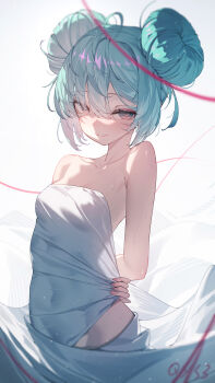 1girl absurdres alternate_hairstyle aqua_hair arms_behind_back artist_name bare_shoulders blush breasts closed_mouth collarbone covered_navel cowboy_shot curtains double_bun hair_between_eyes hair_bun hatsune_miku heart heart-shaped_pupils highres looking_at_viewer qys3 red_eyes revision short_hair signature simple_background small_breasts smile solo string sweat symbol-shaped_pupils variant_set vocaloid white_background