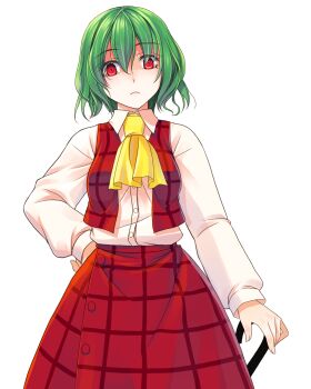 1girl ascot buttons closed_mouth closed_umbrella collared_shirt commentary_request crote glowing glowing_eyes green_hair hair_between_eyes hand_on_own_hip highres kazami_yuuka large_variant_set long_skirt long_sleeves looking_at_viewer open_clothes open_vest plaid_clothes plaid_skirt plaid_vest planted planted_umbrella puffy_long_sleeves puffy_sleeves red_eyes red_skirt red_vest shirt shirt_tucked_in short_hair skirt skirt_set sleeve_cuffs solo tachi-e touhou transparent_background umbrella variant_set vest white_shirt wide-eyed yellow_ascot
