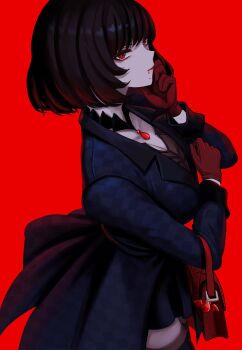 Rule 34 | 1girl, bag, black hair, blood, blood from mouth, blood on face, bob cut, checkered clothes, checkered jacket, deadlock (game), elbow carry, gloves, handbag, highres, holding, holding bag, jacket, long sleeves, mina (deadlock), red bag, red gloves, short hair, yan kodiac
