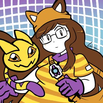 Rule 34 | 1girl, digimon, digimon (creature), digivice, glasses, gloves, highres, lina-ciari, looking at viewer, nyaromon, smile, tail