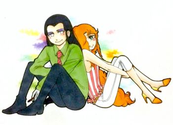 2boys :> aqua_eyes arms_between_legs back-to-back bare_arms bare_shoulders belt black_hair black_pants black_shoes blush brown_belt capri_pants cigarette closed_mouth commentary_request curly_hair diagonal-striped_clothes diagonal-striped_necktie eyeshadow from_side fukunishi23 full_body gloves green_shirt high_heels holding holding_cigarette hugging_own_legs invisible_floor jack_barbarosa_bancoran knees_up long_hair long_sleeves looking_at_viewer low-cut_armhole makeup male_focus maraich_juschenfe multi-source_commentary multiple_boys necktie no_socks orange_hair orange_shoes pants patalliro! pumps purple_eyeshadow red_necktie shirt shoes sidelocks sitting smile striped_clothes striped_shirt trap turning_head very_long_hair white_background white_eyes white_gloves white_pants wing_collar yaoi