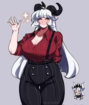 2girls baphomet_(grizz) breasts darpunk demon_girl demon_horns formal_clothes goat_girl helltaker highres horns large_breasts long_hair looking_at_viewer lucifer_(helltaker) multiple_girls original red_eyes thick_thighs thighs very_long_hair white_hair