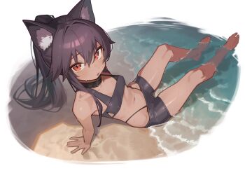 1girl absurdres animal_ear_fluff animal_ears beach belt_collar bike_shorts bikini bikini_under_clothes black_bikini black_hair blush breasts cat_ears cat_girl collar commentary commission dark-skinned_female dark_skin full_body hair_between_eyes hair_intakes highres in_water long_hair looking_at_viewer lowleg navel ocean orange_eyes original panty_straps parted_lips pixiv_commission ponytail reclining skindentation small_breasts solo swimsuit symbol-only_commentary wepwawet wet