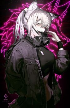 1girl alternate_costume animal_ears arknights artist_name black_hair black_shirt breasts cropped_shirt dog_tags ear_piercing eyebrow_piercing face_piercing fangs gradient_hair grey_eyes grey_jacket highres jacket lappland_(arknights) long_hair looking_at_viewer mask medium_breasts midriff multicolored_hair navel neon_lights open_clothes open_jacket open_mouth piercing ponytail respirator shirt smile solo tail team.achv twitter_username two-tone_hair white_hair wolf_ears wolf_girl wolf_tail wristband