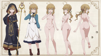 1girl ass barefoot black_hood black_robe black_shoes blue_jacket border bow bowtie breasts brown_eyes brown_hair brown_shoes commentary_request completely_nude dress expressionless feet from_behind full_body gloves hand_up highres holding holding_staff jacket kneepits long_hair long_sleeves looking_at_viewer mage_staff medium_breasts monica_everett multiple_views nanikairu navel no_nipples no_pussy nude on/off ornate_border paid_reward_available parted_lips robe shoes silent_witch simple_background soles staff standing toes variations white_dress white_gloves wide_sleeves yellow_background yellow_bow yellow_bowtie zenra