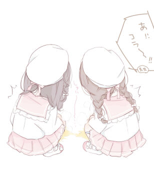 2girls ass beret blonde_hair blue_panties bow braid flower footwear_bow footwear_flower from_behind hair_bow hanamari_(siii_siii15) hat loli long_hair long_sleeves multiple_girls original panties panty_pull peeing peeing_together pink_bow pink_skirt puddle school_uniform shirt shoes skirt socks speech_bubble squatting steam twin_braids underwear uwabaki white_background white_bow white_flower white_hat white_shirt white_shoes white_socks