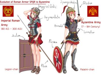2girls absurdres armor armored_boots belt boots byzantine_empire chainmail chi_rho dagger evolution gladius greaves greco-roman_clothes green_eyes helmet highres holding_javelin knife lamellar_armor man_weza multiple_girls original red_hair roman_clothes roman_empire sandals shield shoulder_armor sword tunic weapon