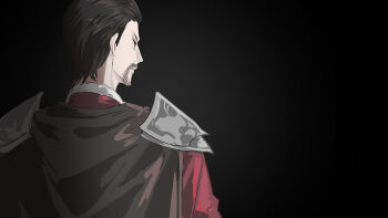 1boy armor black_background black_cape black_hair cape chinese_commentary commentary ekku_(gdwu3454) harkon highres pauldrons red_shirt shirt short_hair shoulder_armor simple_background solo the_elder_scrolls the_elder_scrolls_v:_skyrim