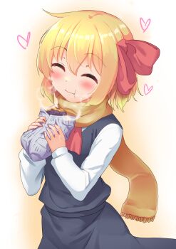 1girl ascot blonde_hair bow chewing closed_eyes commentary_request eating fang fang_out food hair_bow heart highres holding holding_food long_sleeves roasted_sweet_potato rody_(hayama_yuu) rumia scarf short_hair skirt skirt_set smile solo steam sweet_potato touhou wavy_mouth