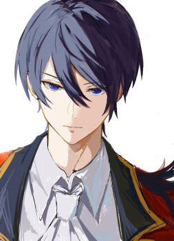 1boy ascot blue_eyes blue_hair closed_mouth coat collared_shirt commentary_request hair_between_eyes highres jacket looking_at_viewer male_focus necktie pnp_103 portrait re:zero_kara_hajimeru_isekai_seikatsu red_coat red_jacket shirt short_hair simple_background solo vincent_vollachia white_ascot white_background white_necktie white_shirt