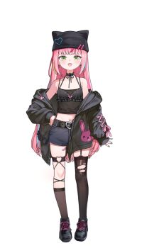 1girl absurdres arm_at_side asymmetrical_legwear bandaid bandaid_on_leg belt belt_buckle black_belt black_bra black_camisole black_gloves black_hat black_jacket black_shoes black_socks black_thighhighs blush bow bow_bra bra bra_over_clothes buckle camisole commentary_request crop_top cross-laced_clothes cross-laced_sleeves denim denim_shorts earrings elppi frilled_bra frills full_body gloves green_eyes hanako_nana hand_on_own_hip hat hat_ornament heart heart-shaped_buckle heart_hat_ornament heart_o-ring highres jacket jewelry korean_commentary long_hair long_sleeves looking_at_viewer midriff multicolored_hair navel o-ring o-ring_thigh_strap off_shoulder open_clothes open_jacket open_mouth pink_hair shoes short_shorts shorts sidelocks simple_background single_thighhigh sleeves_past_wrists sneakers socks solo spaghetti_strap standing stellive straight-on streaked_hair thigh_strap thighhighs torn_clothes torn_thighhighs underwear very_long_hair virtual_youtuber white_background wispy_bangs