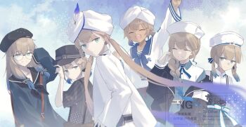 adjusting_clothes adjusting_headwear androgynous apron armband baker_nemo_(fate) beret black_apron black_hat black_jacket black_sailor_collar blonde_hair blue_hair blue_ribbon blue_sailor_collar blunt_bangs captain_nemo_(fate) captain_nemo_(first_ascension)_(fate) closed_eyes collared_dress collared_shirt dress engineer_nemo_(fate) fate/grand_order fate_(series) glasses gradient_hair green_eyes hat hat_feather jacket kotake_8 long_hair low-tied_sidelocks marine_nemo_(fate) multicolored_hair nemo_(fate) nurse_cap nurse_nemo_(fate) open_clothes open_jacket professor_nemo_(fate) ribbon round_eyewear sailor_collar shirt short_twintails sidelocks sleeves_past_fingers sleeves_past_wrists smile striped_ribbon turban twintails watermark white_armband white_turban