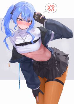 Rule 34 | 1girl, anger vein, blue eyes, blue hair, blue jacket, breasts, cellphone, chest belt, crop top, gloves, heart, heart necklace, highres, holding, holding phone, hololive, hoshimachi suisei, hoshimachi suisei (casual), jacket, jewelry, leaning forward, midriff, miniskirt, necklace, orange pantyhose, pantyhose, partially fingerless gloves, phone, side ponytail, skirt, small breasts, smartphone, solo, spoken anger vein, star (symbol), star in eye, symbol in eye, thigh strap, turtleneck, v-shaped eyebrows, virtual youtuber, zetacat