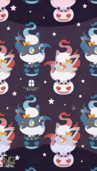 alternate_color animal_focus blue_fur bow full_body grey_fur halloween_bucket highres hisuian_zorua meme_(sleepsheep) nintendo no_humans pokemon pokemon_(creature) pokemon_focus red_fur shiny_pokemon star_(symbol) yellow_eyes