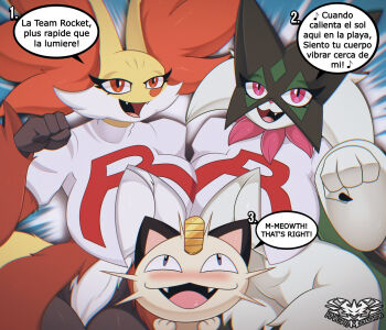 1boy 2girls blue_eyes blush breasts cosplay delphox eyelashes fang french_text furry furry_female gen_1_pokemon gen_6_pokemon green_hair highres huge_breasts knightmoonlight98 luis_miguel mask meowscarada meowth multiple_girls nintendo open_mouth orange_eyes pink_eyes pokemon pokemon_(anime) pokemon_(creature) signature smile spanish_text team_rocket whiskers