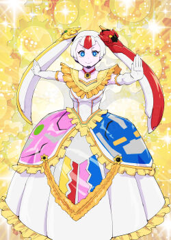 1girl blue_eyes closed_mouth dress feet_out_of_frame frilled_dress frills gear_background gloves highres kikai_sentai_zenkaiger long_dress looking_at_viewer robot_girl smile solo standing super_sentai twintails ueyama_michirou white_dress white_gloves zenryoku_zenkaioh