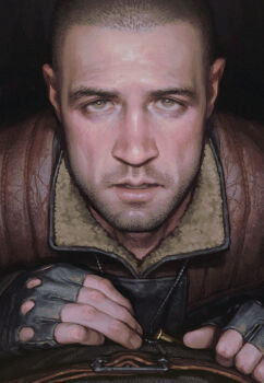 Rule 34 | 2boys, brown eyes, brown jacket, buzz cut, chinese commentary, commentary request, fingerless gloves, fukurau, gloves, grey gloves, jacket, looking at viewer, male focus, multiple boys, pov, realistic, short hair, skif (stalker 2), stalker (game), stalker 2: heart of chornobyl, strider (stalker), upper body, very short hair