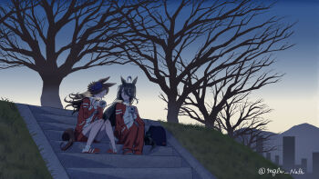 2girls absurdres ahoge animal_ears backpack bag bare_tree blush closed_eyes closed_mouth commentary_request cup grass hair_between_eyes hands_up hat highres holding holding_cup horse_ears horse_girl horse_tail jacket long_hair long_hair_between_eyes long_sleeves looking_at_another manhattan_cafe_(umamusume) mglw_nafh mug multicolored_hair multicolored_jacket multiple_girls pants parted_lips purple_hat red_jacket red_pants red_shorts rice_shower_(umamusume) shorts sitting sitting_on_stairs smile stairs steam steaming_cup tail thermos tilted_headwear top_hat track_jacket track_pants tree twitter_username two-tone_jacket umamusume very_long_hair white_hair white_jacket yellow_eyes