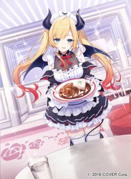 1girl :d apron asymmetrical_sidelocks black_horns black_skirt blonde_hair blurry blurry_background bow bowtie breasts center_frills chatsubaki commentary_request curry curry_rice demon_girl demon_horns demon_tail demon_wings detached_sleeves fishnet_top fishnets food frilled_apron frilled_shirt frilled_skirt frilled_sleeves frills garter_straps gradient_hair hair_ribbon holding holding_plate hololive horn_ornament horn_ring horns indoors large_breasts long_hair long_sleeves looking_at_viewer maid maid_headdress miniskirt multicolored_hair official_alternate_costume official_alternate_hairstyle official_art open_mouth pink_hair plate pointy_ears red_bow red_bowtie ribbon rice shirt sidelocks skirt sleeveless sleeveless_shirt smile solo swept_bangs tail thighhighs tress_ribbon twintails very_long_hair virtual_youtuber waist_apron white_apron white_garter_straps white_shirt white_thighhighs wings yuzuki_choco yuzuki_choco_(maid)