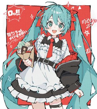 1girl :d alternate_costume aqua_eyes aqua_hair belt black_dress black_jacket border bow candy collared_dress commentary_request cowboy_shot dress food frilled_dress frills hair_bow halftone hatsune_miku highres holding holding_food jacket jacket_partially_removed long_hair looking_at_viewer necktie off_shoulder open_clothes open_jacket open_mouth outside_border red_necktie sanye_mitsuyo smile solo thigh_strap twintails two-sided_fabric two-sided_jacket two-tone_dress very_long_hair vocaloid white_border white_dress