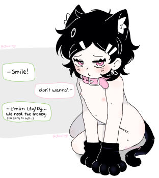 1girl 1other animal_ear_fluff animal_ears animal_hands ashley_graves black_hair blush cat_ears cat_girl cat_tail chuutoys closed_mouth collar earrings english_text flat_chest gloves hair_ornament hairclip highres implied_prostitution jewelry loli looking_at_viewer nipples nude paw_gloves pet_play pink_collar pink_eyes simple_background sitting slave solo speech_bubble tail the_coffin_of_andy_and_leyley white_background