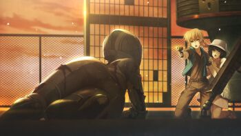 3girls :o aiming aiming_at_another amane_suzuha amane_yuki ass belt black_belt black_boots black_hair black_pants black_shirt bleeding blood blue_dress blue_eyes blue_vest boots braid brown_hair building bullet_hole chain-link_fence cloud deep_wound dress dying fence fg204 from_behind game_cg glock gun handgun hat helmet hiding highres holding holding_own_arm holding_weapon hood hooded_vest hoodie huke injury jacket leather leather_belt light_particles long_hair looking_at_another lying motorcycle_helmet multiple_girls non-web_source official_art open_mouth outdoors pants protecting ringed_eyes rooftop scared science_adventure scratches shielding_another_with_body shiina_mayuri shirt short_hair skin_tight sky spoilers steins;gate steins;gate_0 sundress t-shirt time_machine tongue twin_braids vest weapon